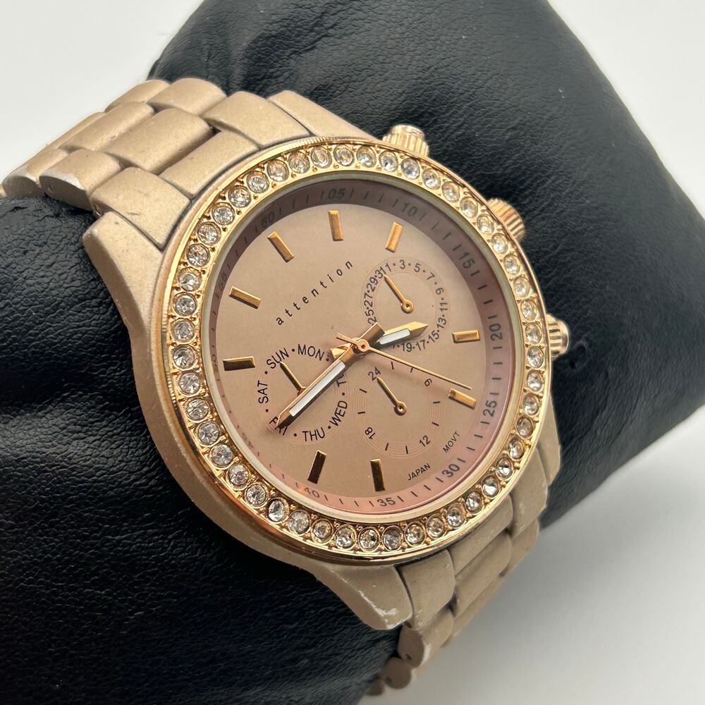 Attention Women's Rose Gold Tone Crystal Bezel Watch Working New Battery - Picture 3 of 8